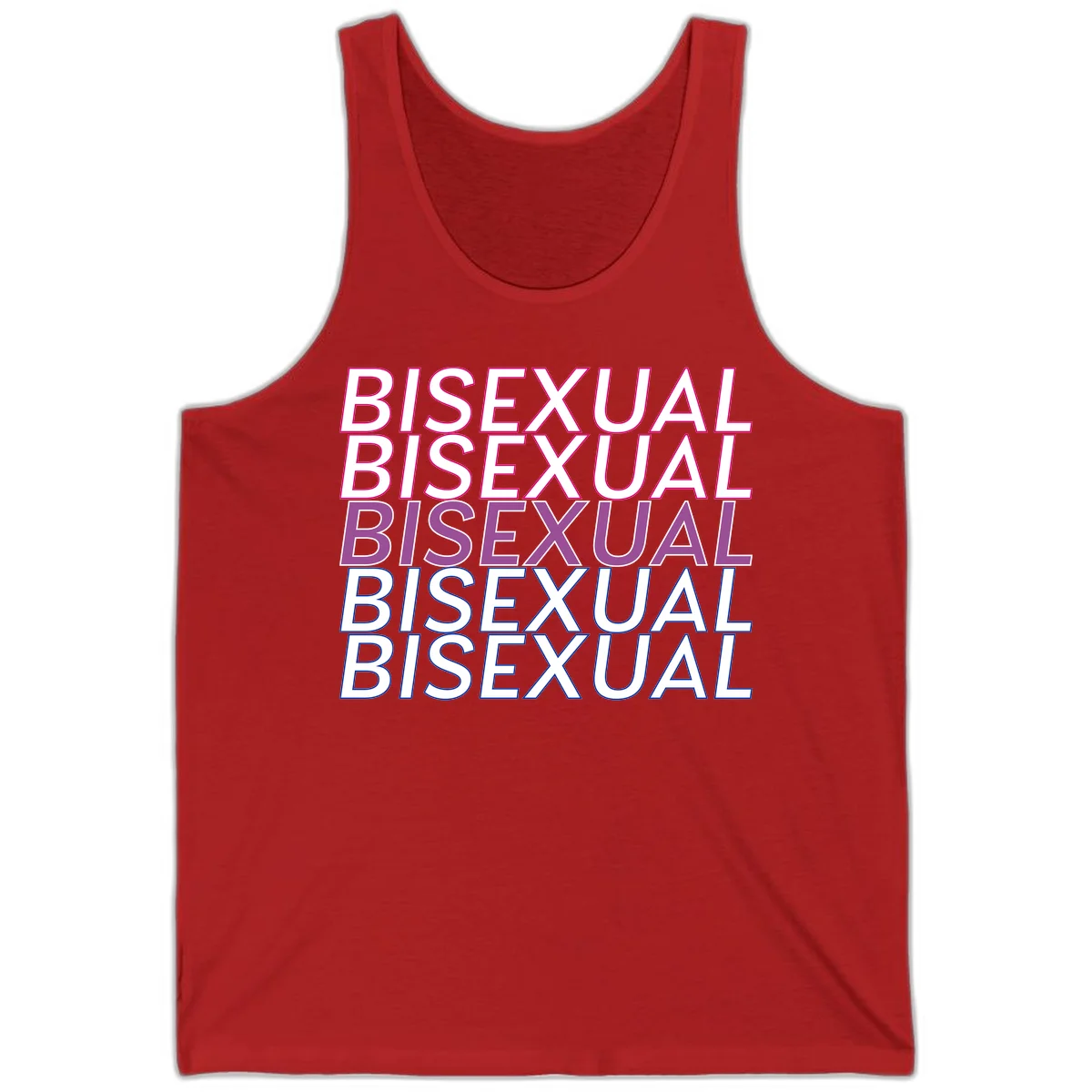 Bisexual pride flag design with the word 'BISEXUAL' repeated four times in stacked magenta, purple, and blue outlined letters in Red
