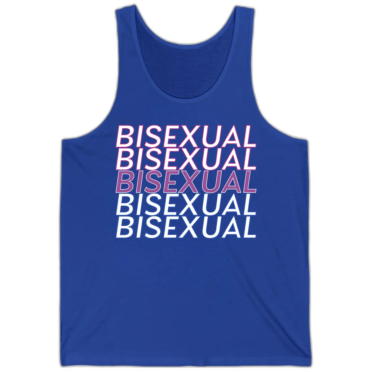 Bisexual pride flag design with the word 'BISEXUAL' repeated four times in stacked magenta, purple, and blue outlined letters in True Royal