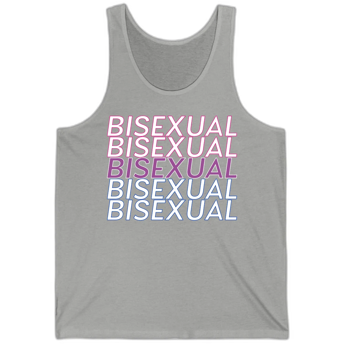 Bisexual pride flag design with the word 'BISEXUAL' repeated four times in stacked magenta, purple, and blue outlined letters in Athletic Heather