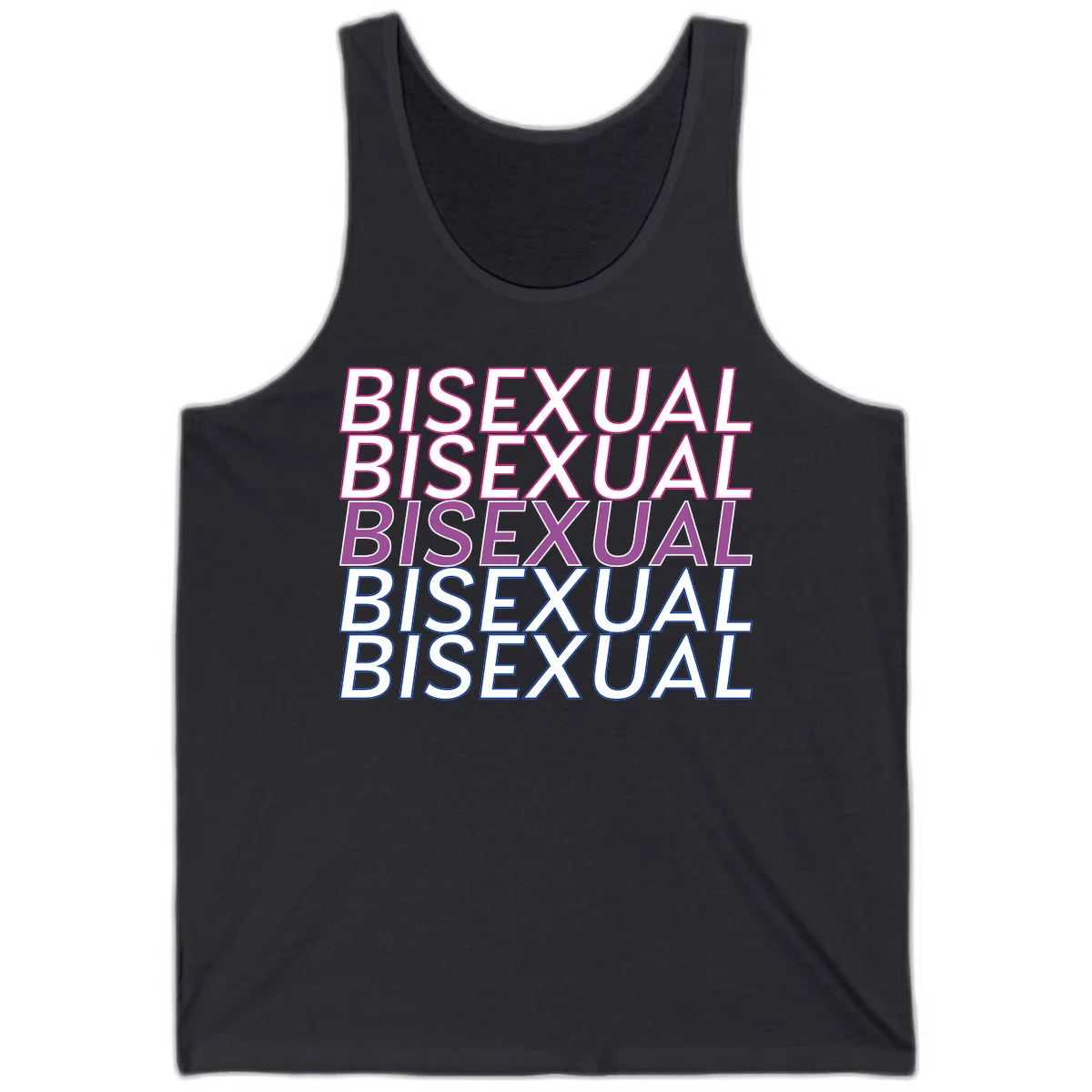 Bisexual pride flag design with the word 'BISEXUAL' repeated four times in stacked magenta, purple, and blue outlined letters in Dark Grey