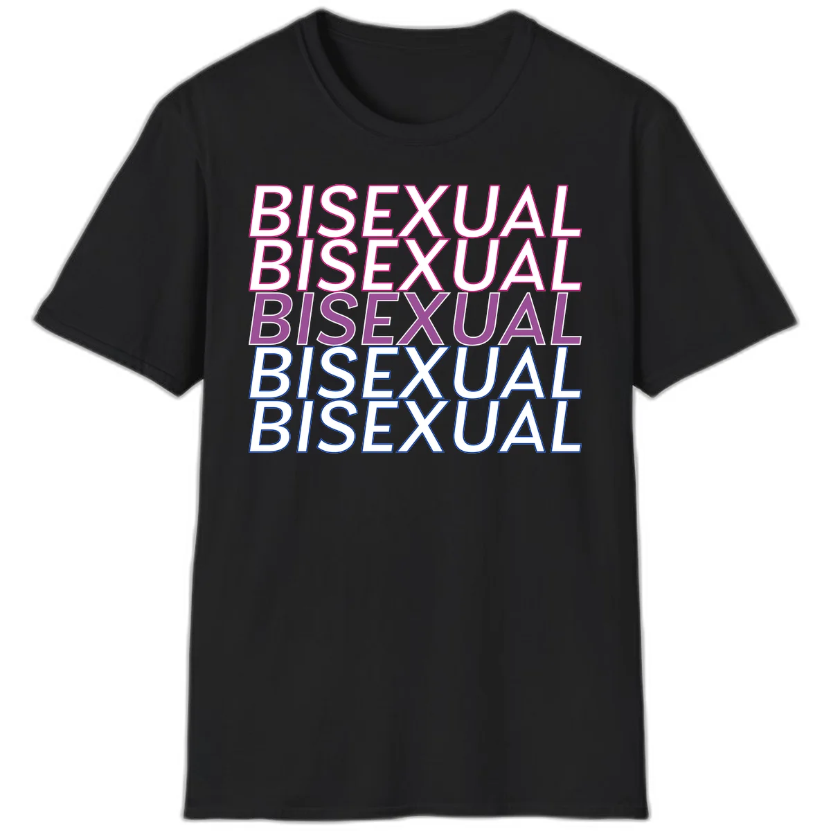 Bisexual pride flag design with the word 'BISEXUAL' repeated four times in stacked magenta, purple, and blue outlined letters in Black