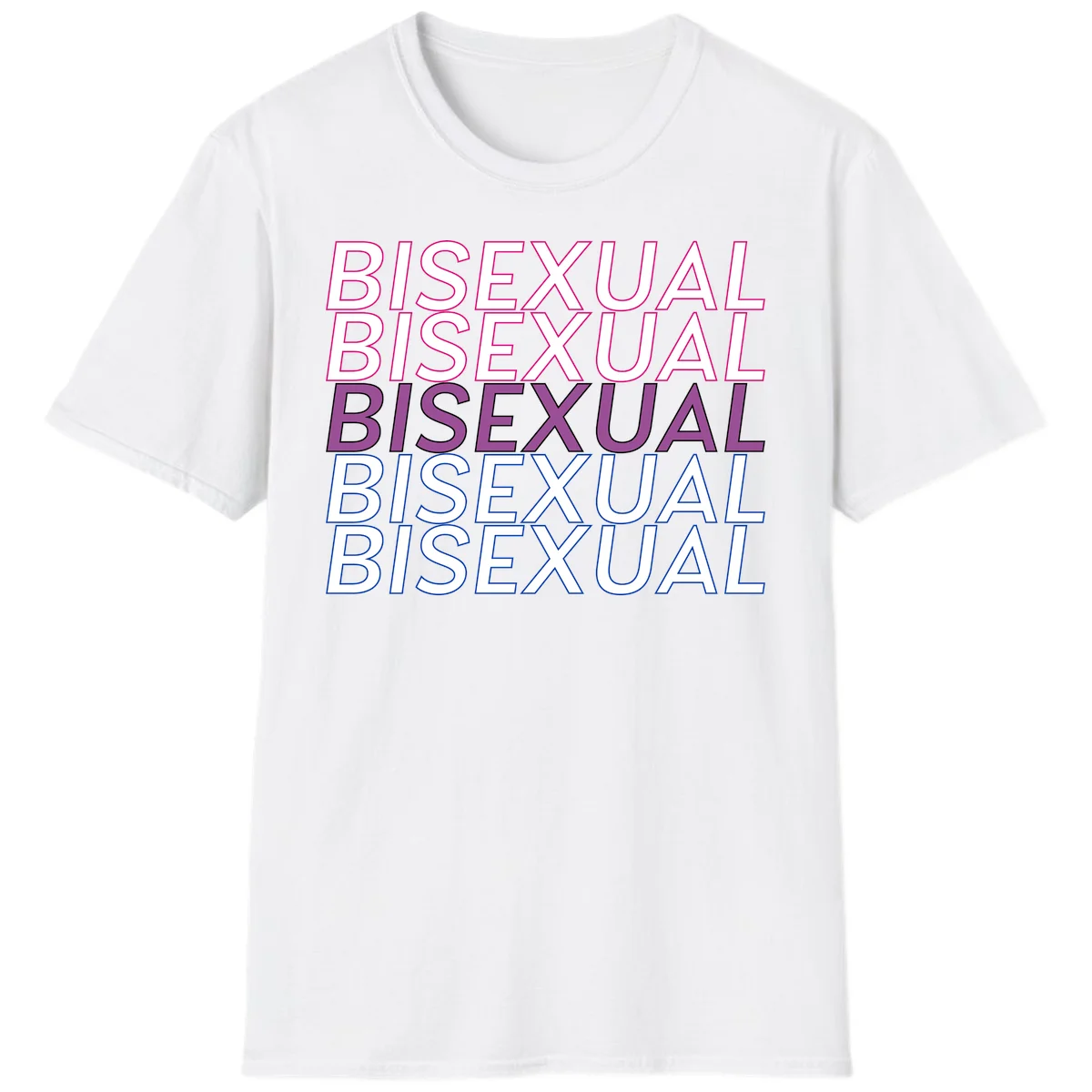 Bisexual pride flag design with the word 'BISEXUAL' repeated four times in stacked magenta, purple, and blue outlined letters in White