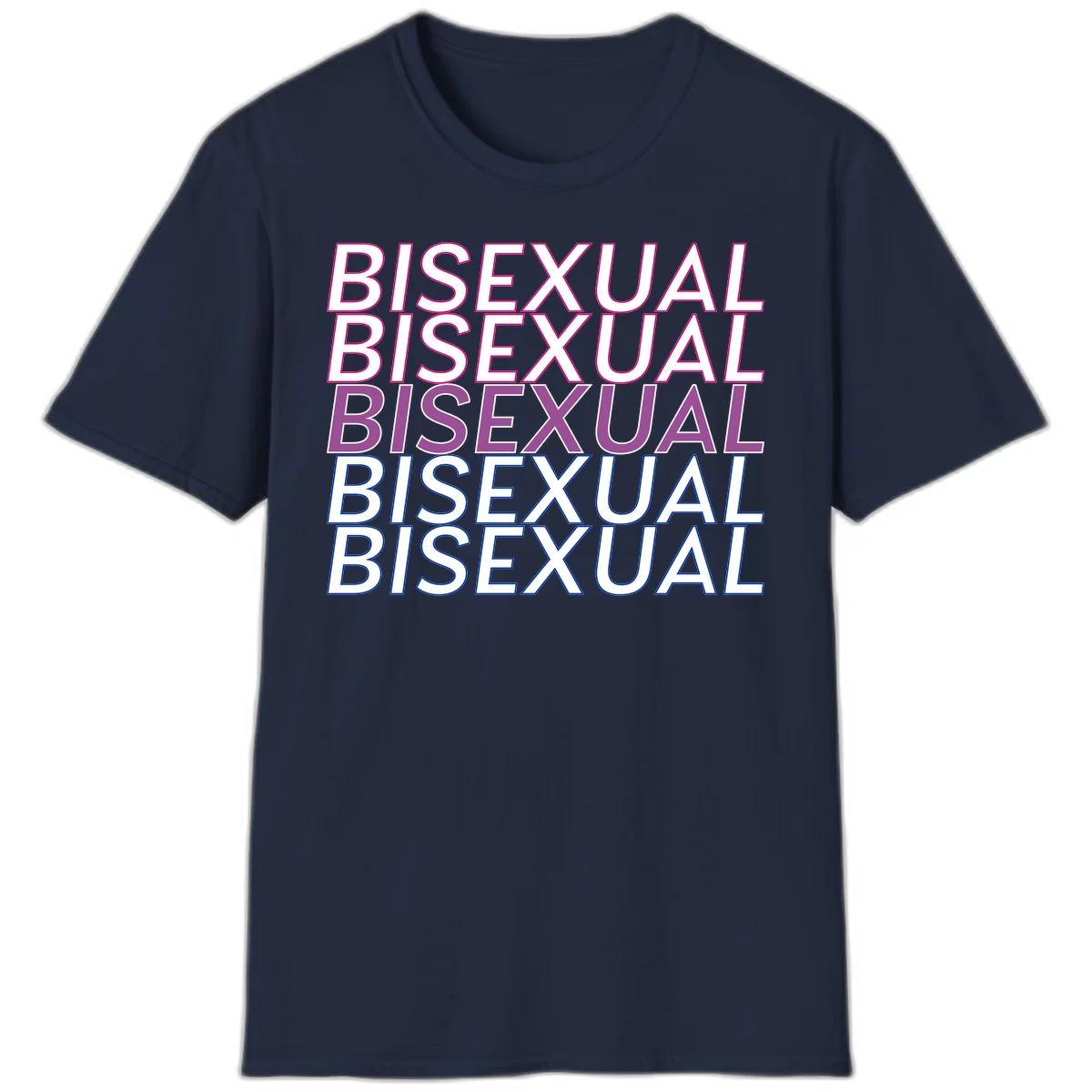 Bisexual pride flag design with the word 'BISEXUAL' repeated four times in stacked magenta, purple, and blue outlined letters in Navy