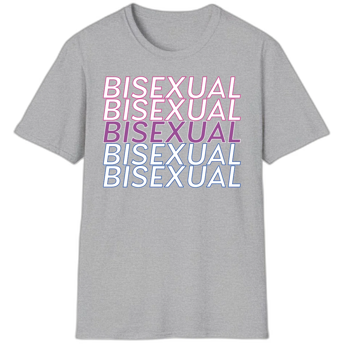 Bisexual pride flag design with the word 'BISEXUAL' repeated four times in stacked magenta, purple, and blue outlined letters in Sport Grey