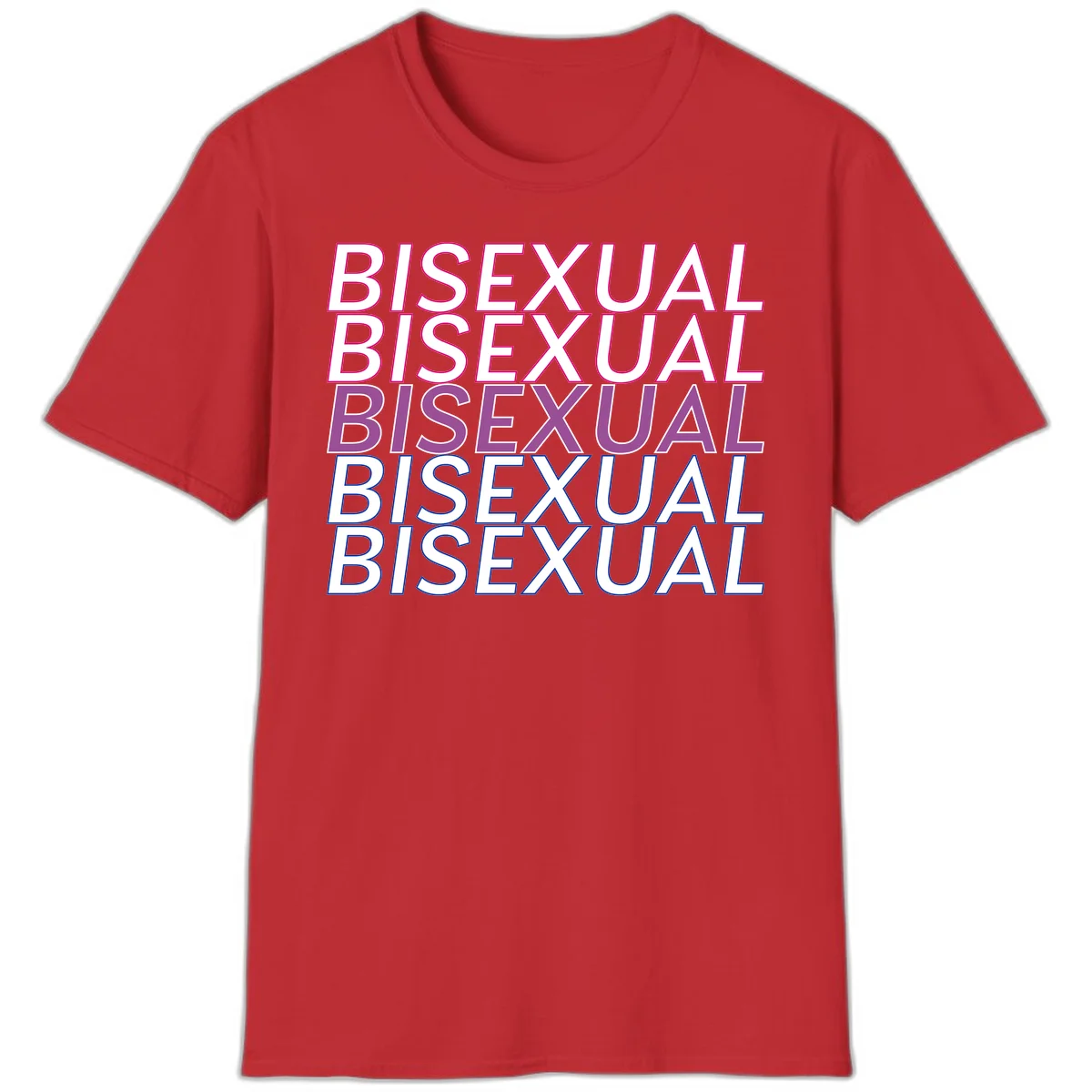 Bisexual pride flag design with the word 'BISEXUAL' repeated four times in stacked magenta, purple, and blue outlined letters in Red