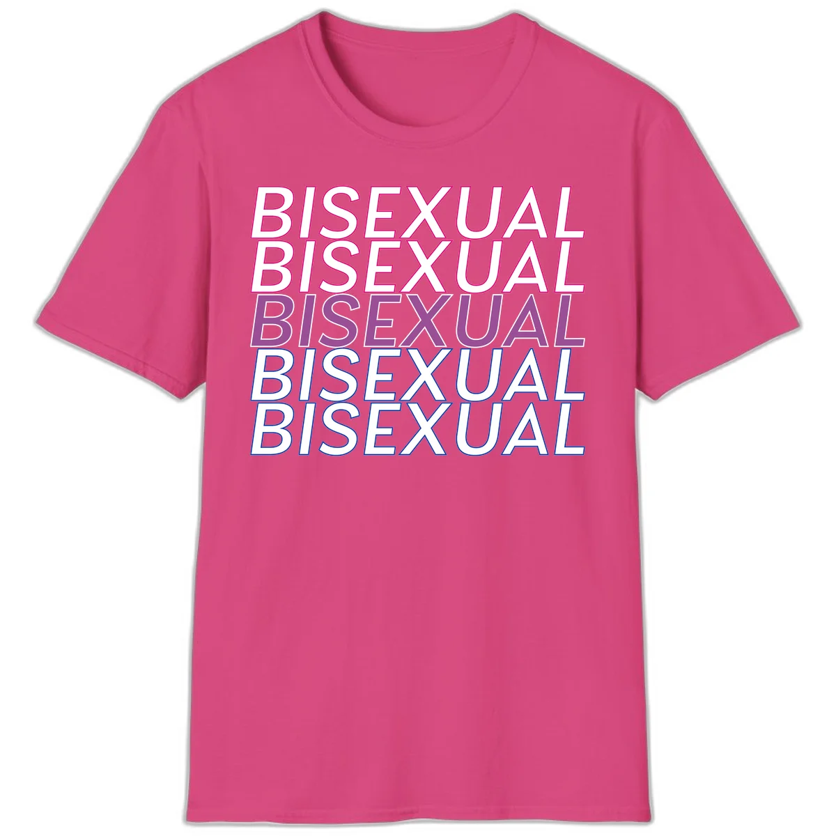 Bisexual pride flag design with the word 'BISEXUAL' repeated four times in stacked magenta, purple, and blue outlined letters in Heliconia