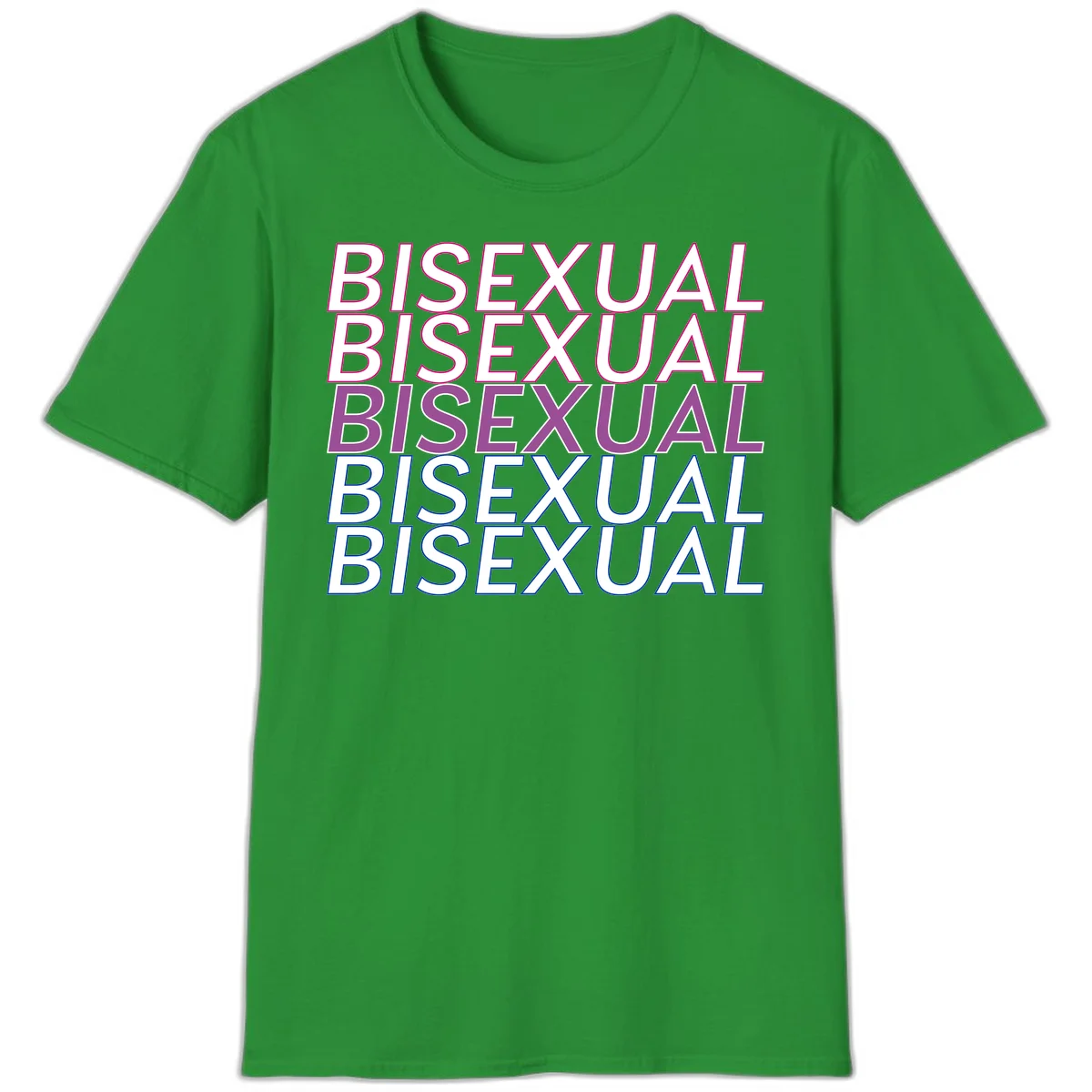 Bisexual pride flag design with the word 'BISEXUAL' repeated four times in stacked magenta, purple, and blue outlined letters in Irish Green
