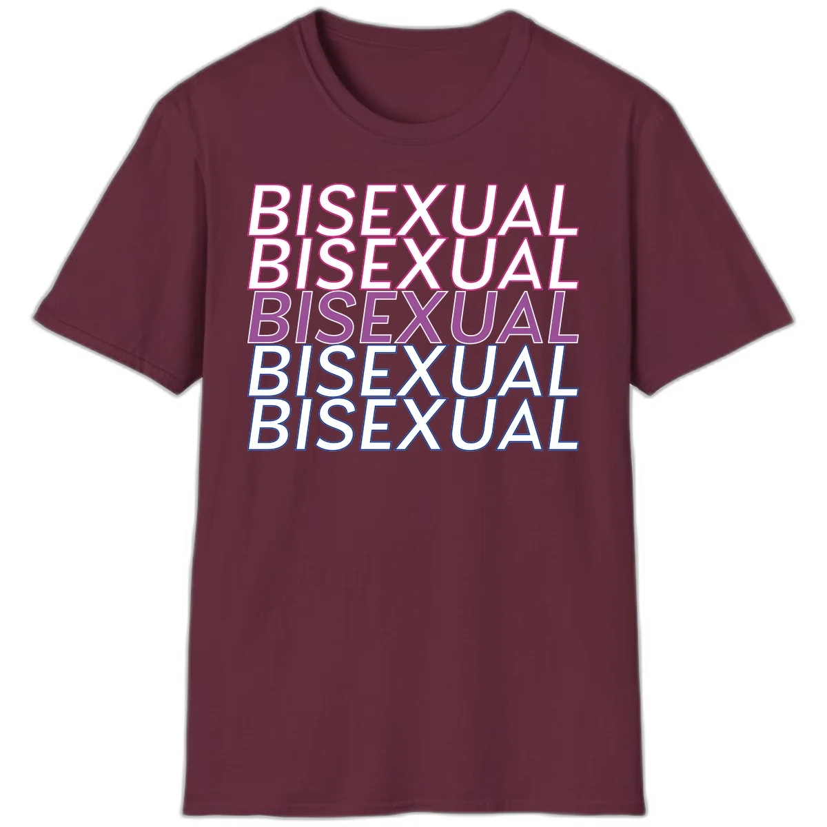 Bisexual pride flag design with the word 'BISEXUAL' repeated four times in stacked magenta, purple, and blue outlined letters in Maroon