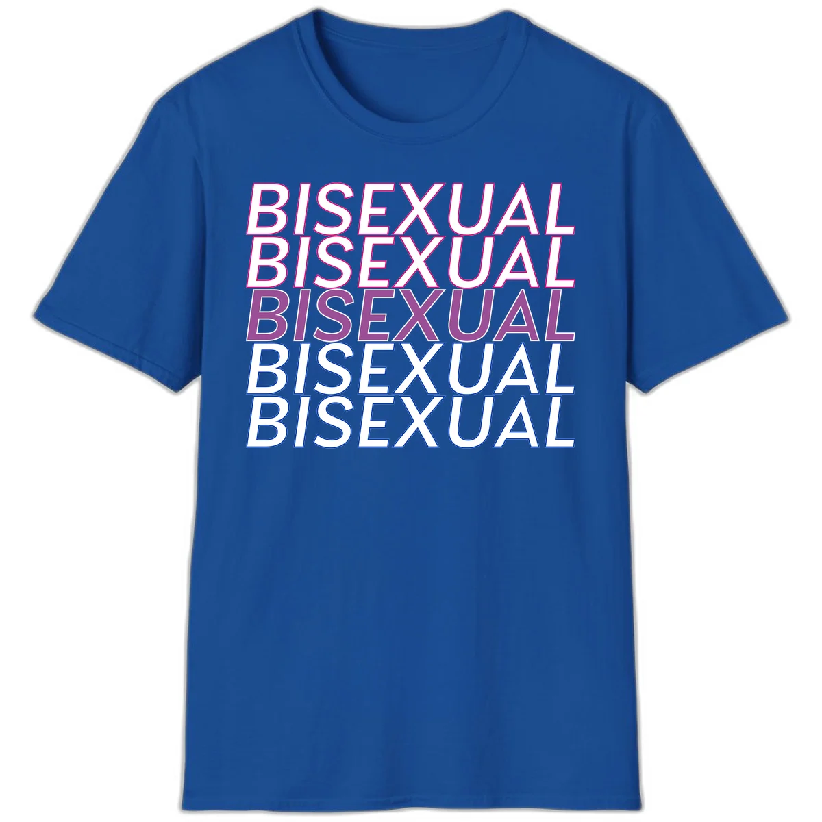 Bisexual pride flag design with the word 'BISEXUAL' repeated four times in stacked magenta, purple, and blue outlined letters in Royal