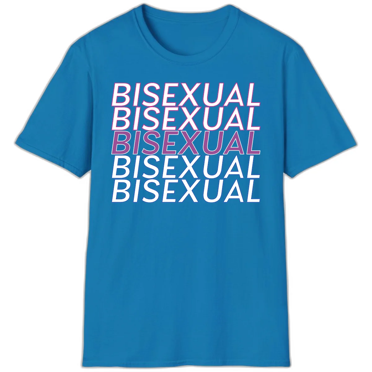 Bisexual pride flag design with the word 'BISEXUAL' repeated four times in stacked magenta, purple, and blue outlined letters in Sapphire