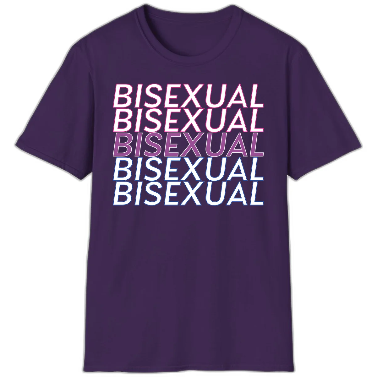 Bisexual pride flag design with the word 'BISEXUAL' repeated four times in stacked magenta, purple, and blue outlined letters in Purple