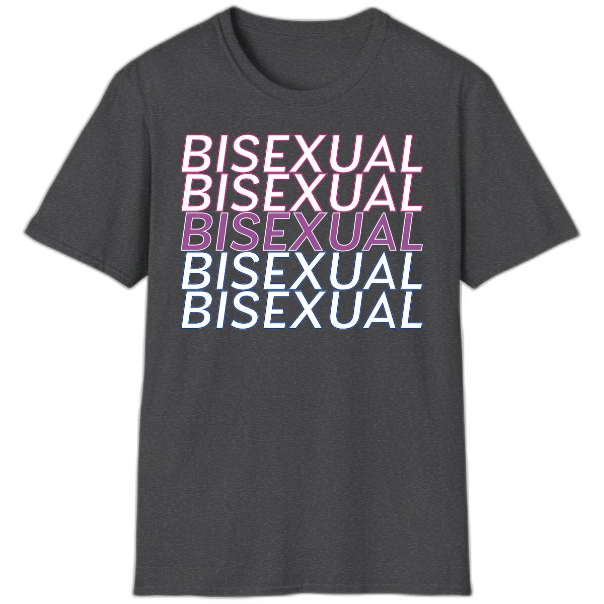Bisexual pride flag design with the word 'BISEXUAL' repeated four times in stacked magenta, purple, and blue outlined letters in Dark Heather