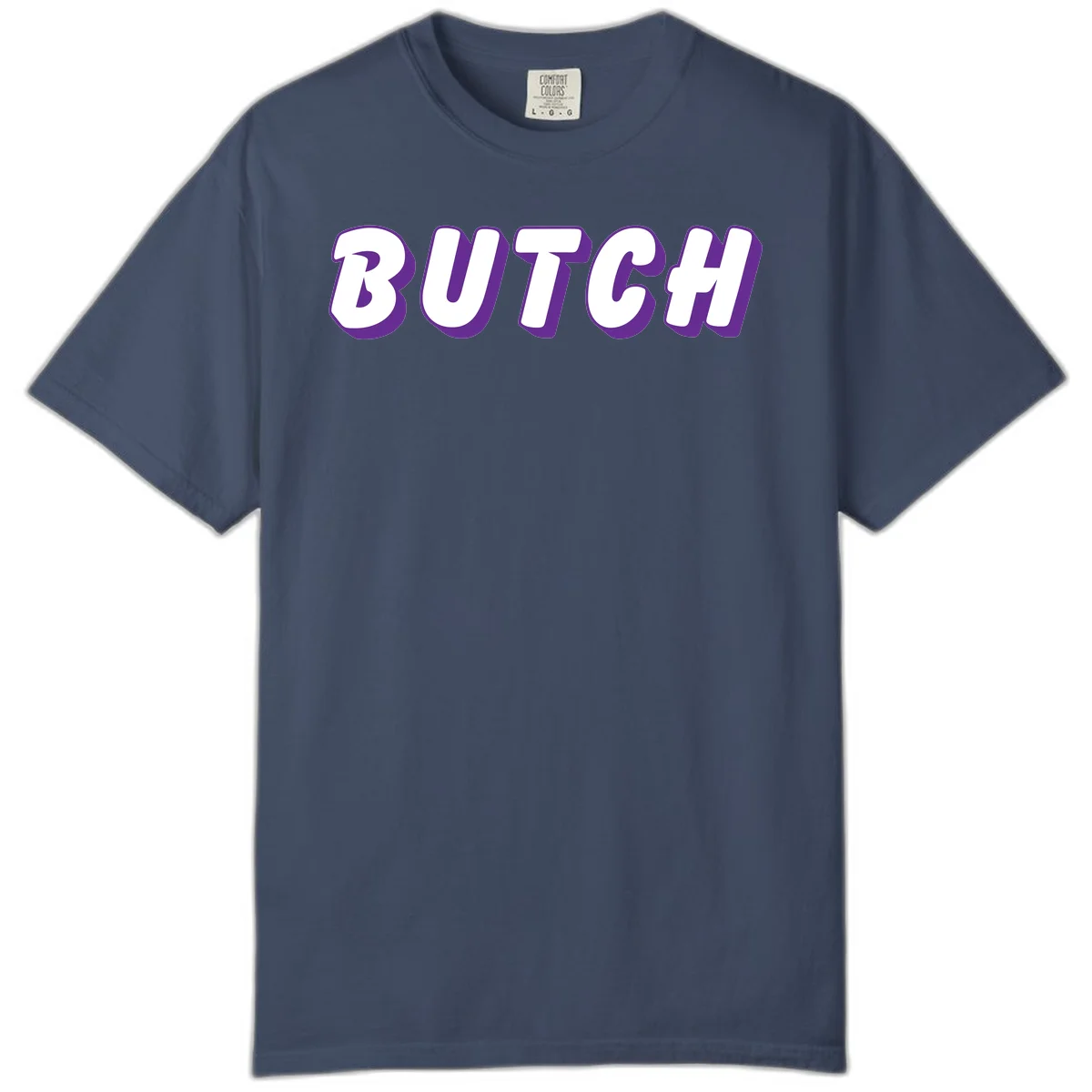 Bold purple and white 3D block letters spelling 'BUTCH' with shadow effect on gray background in Midnight
