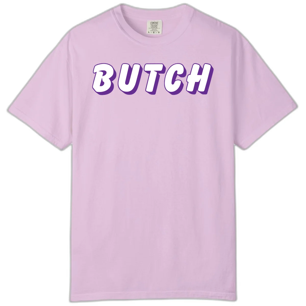 Bold purple and white 3D block letters spelling 'BUTCH' with shadow effect on gray background in Orchid
