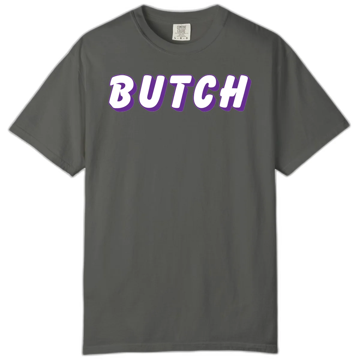 Bold purple and white 3D block letters spelling 'BUTCH' with shadow effect on gray background in Pepper
