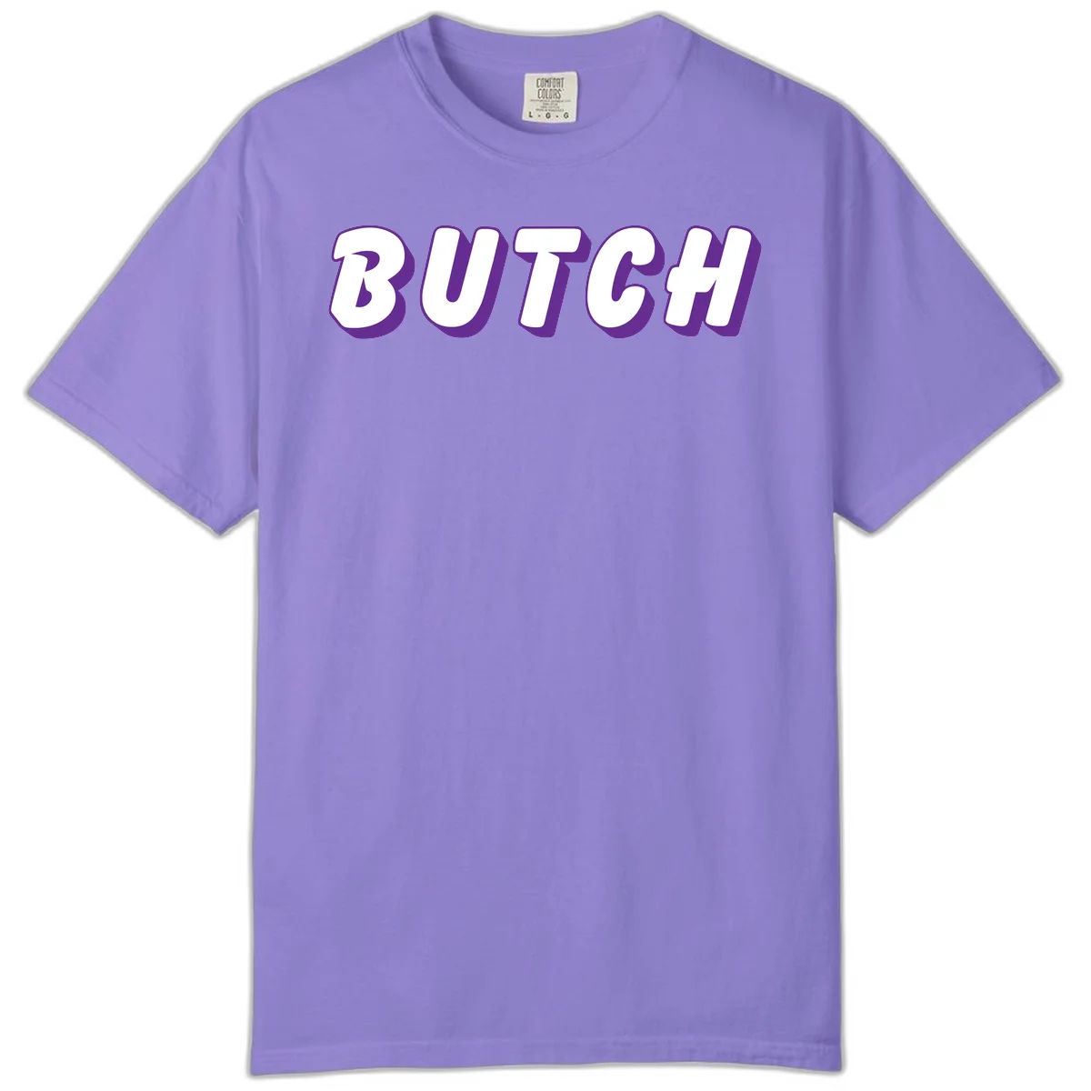Bold purple and white 3D block letters spelling 'BUTCH' with shadow effect on gray background in Violet