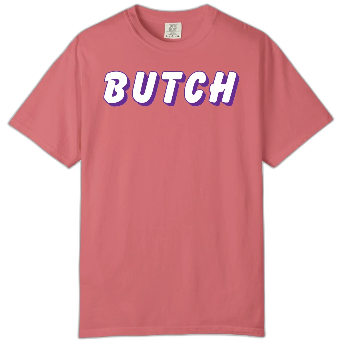 Bold purple and white 3D block letters spelling 'BUTCH' with shadow effect on gray background in Watermelon