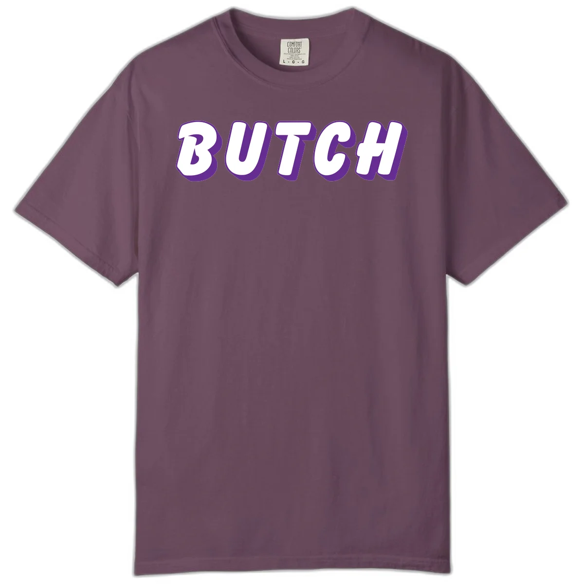 Bold purple and white 3D block letters spelling 'BUTCH' with shadow effect on gray background in Berry