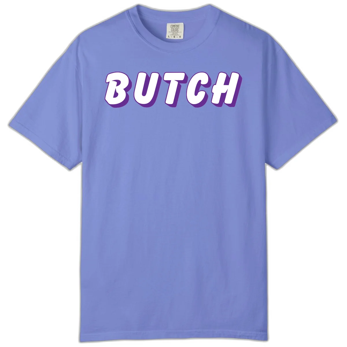 Bold purple and white 3D block letters spelling 'BUTCH' with shadow effect on gray background in Flo Blue