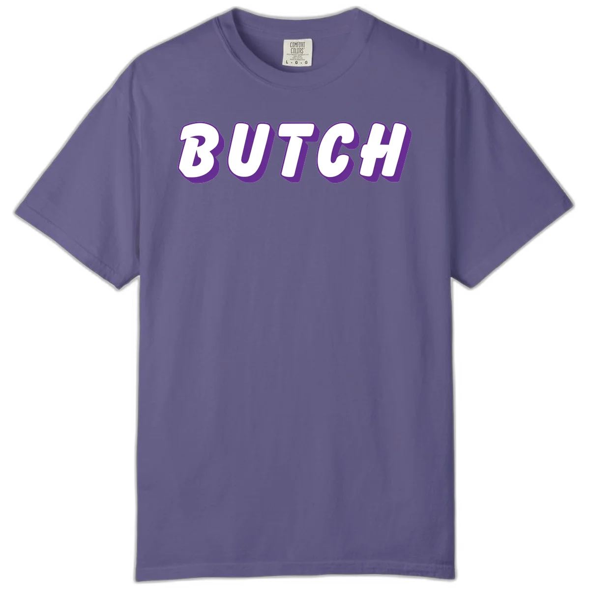 Bold purple and white 3D block letters spelling 'BUTCH' with shadow effect on gray background in Grape