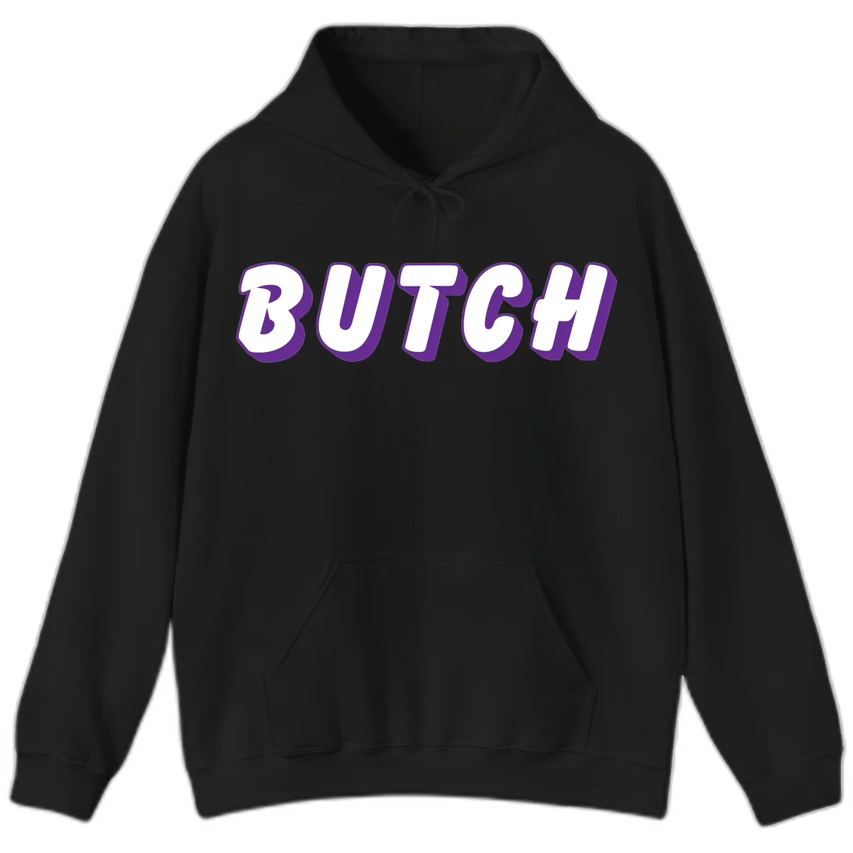 Bold purple and white 3D block letters spelling 'BUTCH' with shadow effect on gray background in Black
