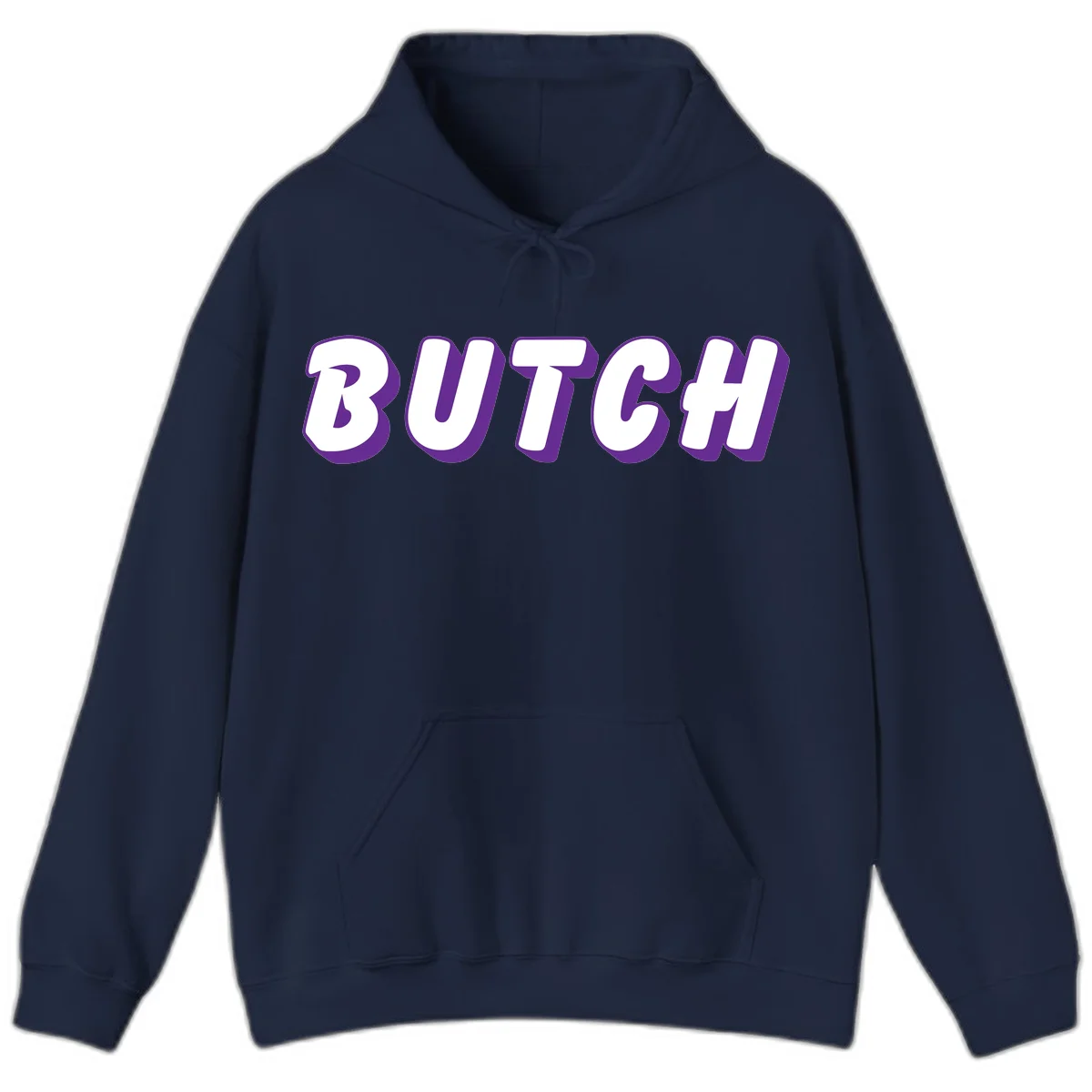 Bold purple and white 3D block letters spelling 'BUTCH' with shadow effect on gray background in Navy