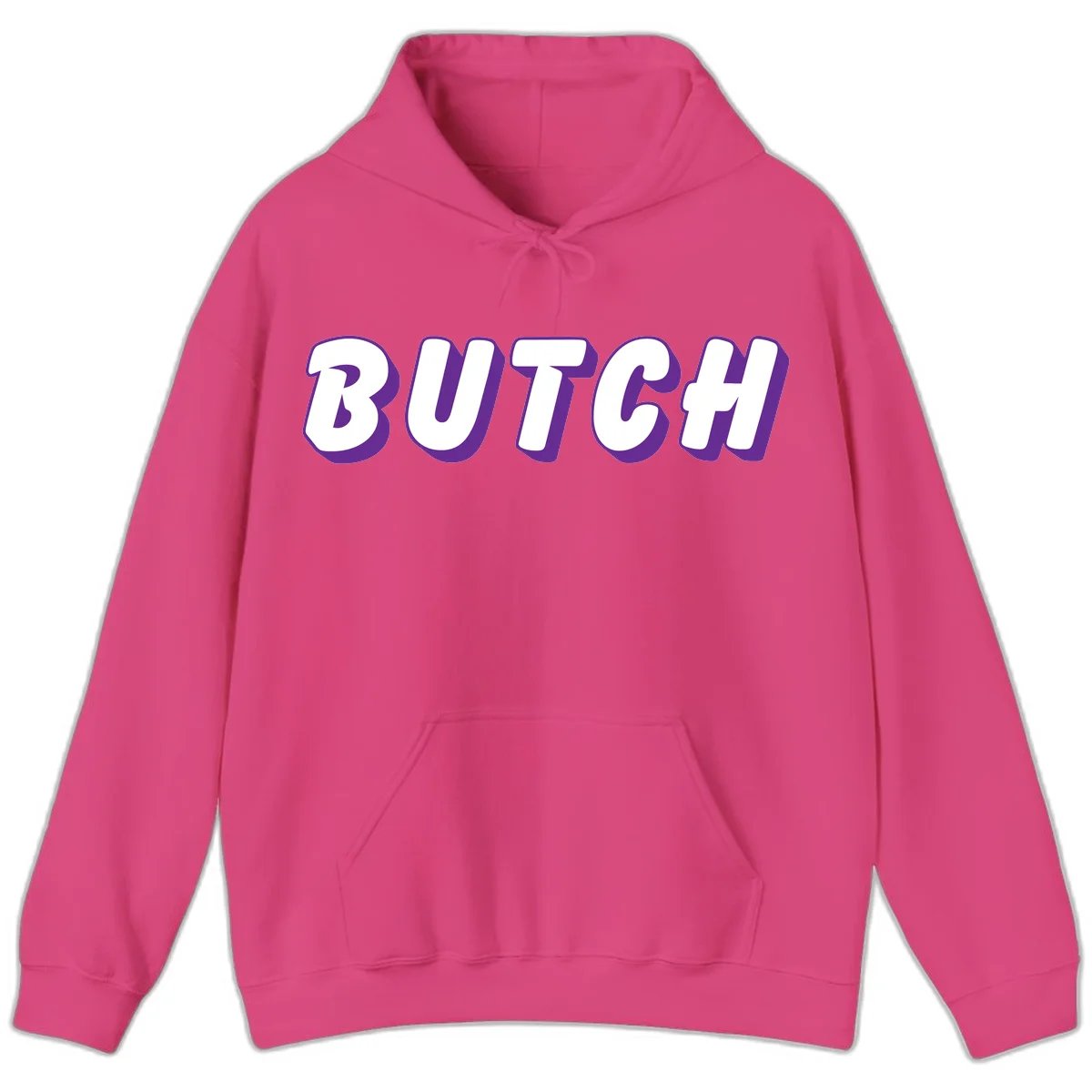 Bold purple and white 3D block letters spelling 'BUTCH' with shadow effect on gray background in Heliconia