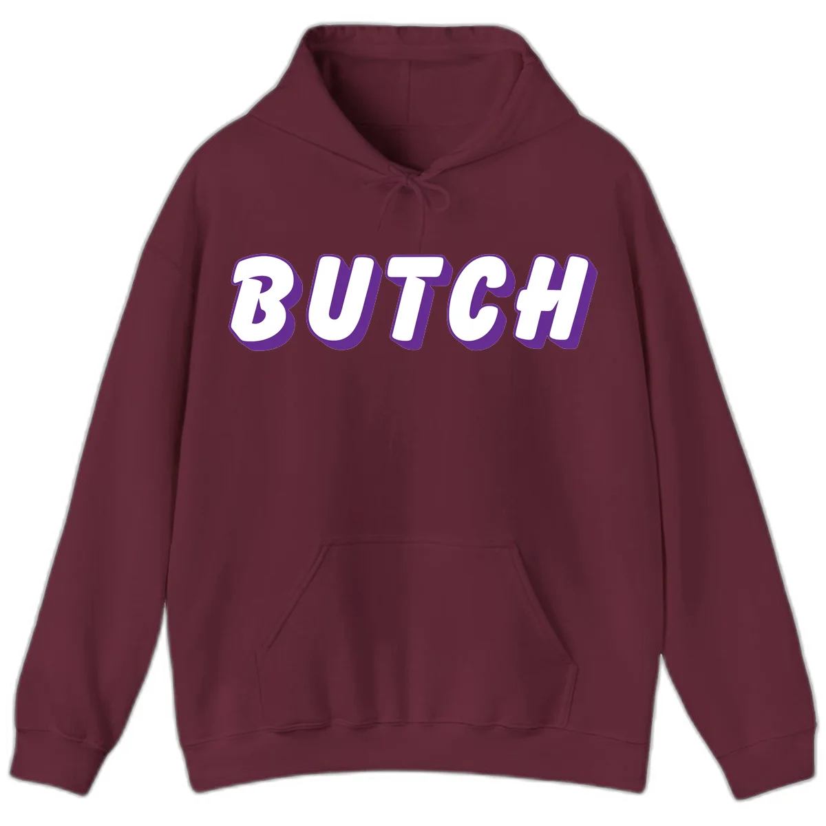Bold purple and white 3D block letters spelling 'BUTCH' with shadow effect on gray background in Maroon