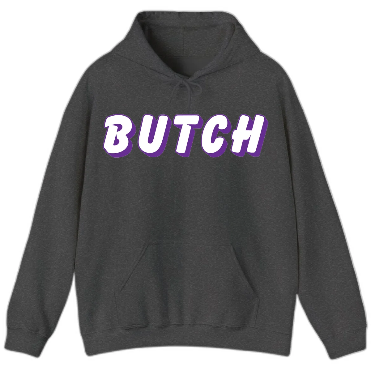 Bold purple and white 3D block letters spelling 'BUTCH' with shadow effect on gray background in Dark Heather