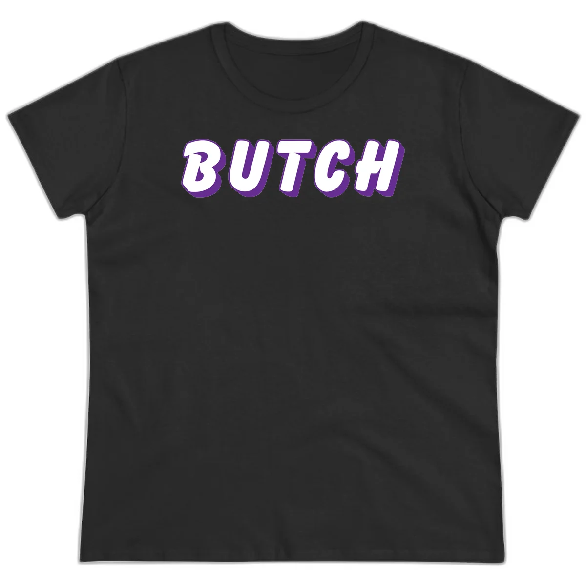 Bold purple and white 3D block letters spelling 'BUTCH' with shadow effect on gray background in Black