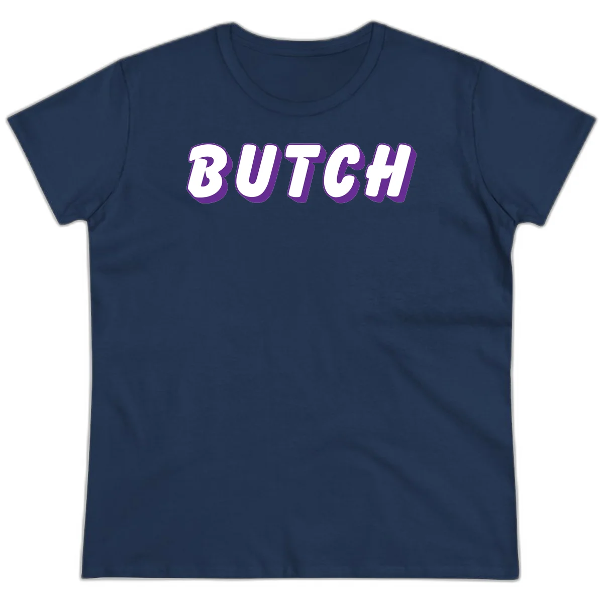 Bold purple and white 3D block letters spelling 'BUTCH' with shadow effect on gray background in Navy