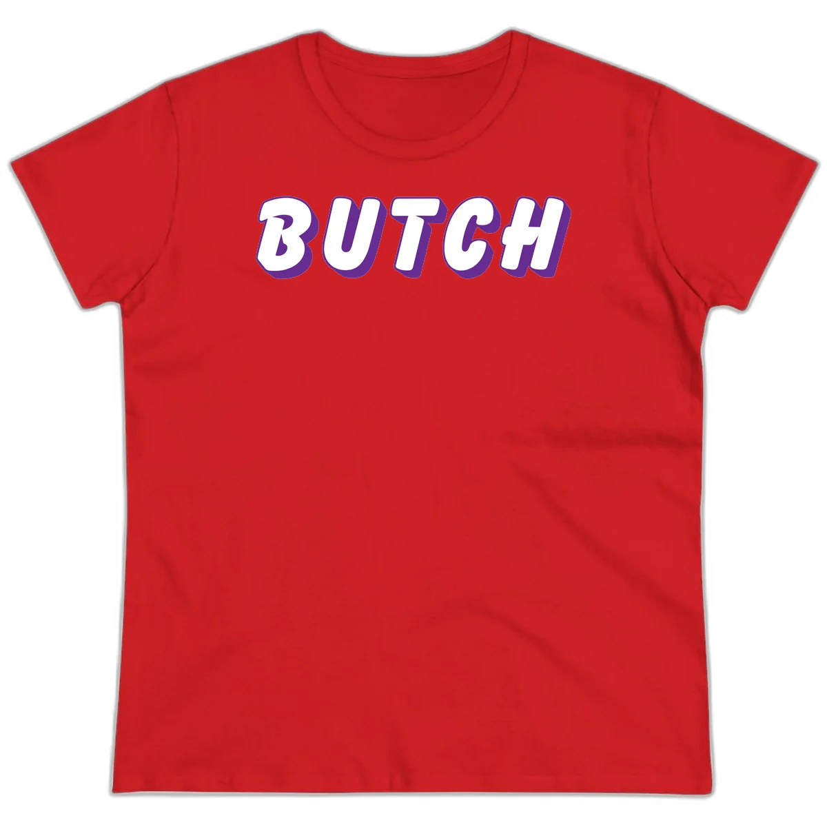 Bold purple and white 3D block letters spelling 'BUTCH' with shadow effect on gray background in Red
