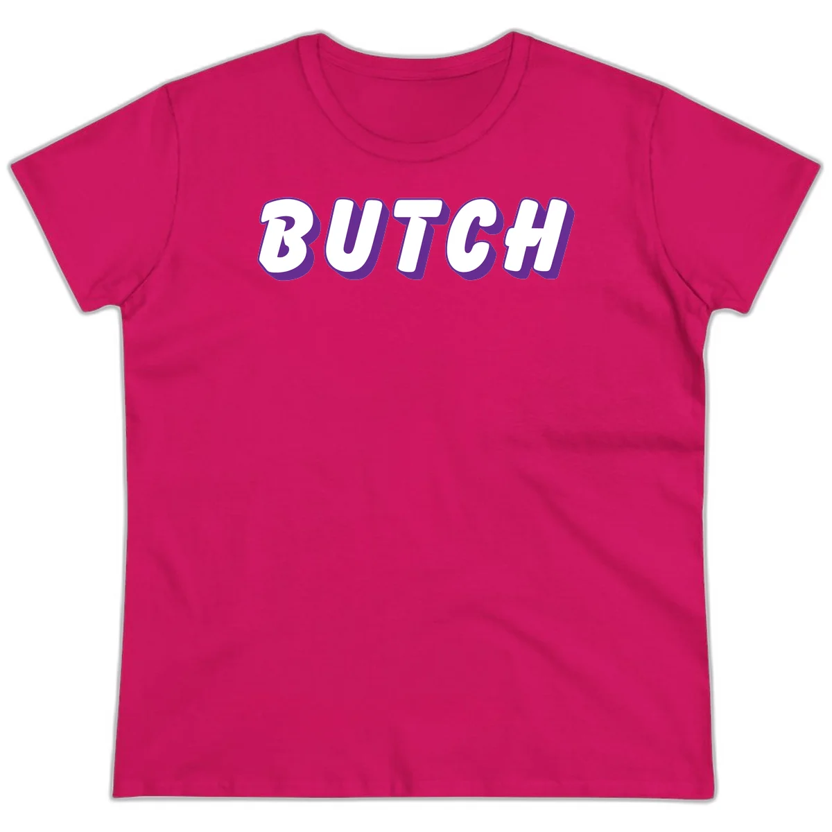 Bold purple and white 3D block letters spelling 'BUTCH' with shadow effect on gray background in Heliconia