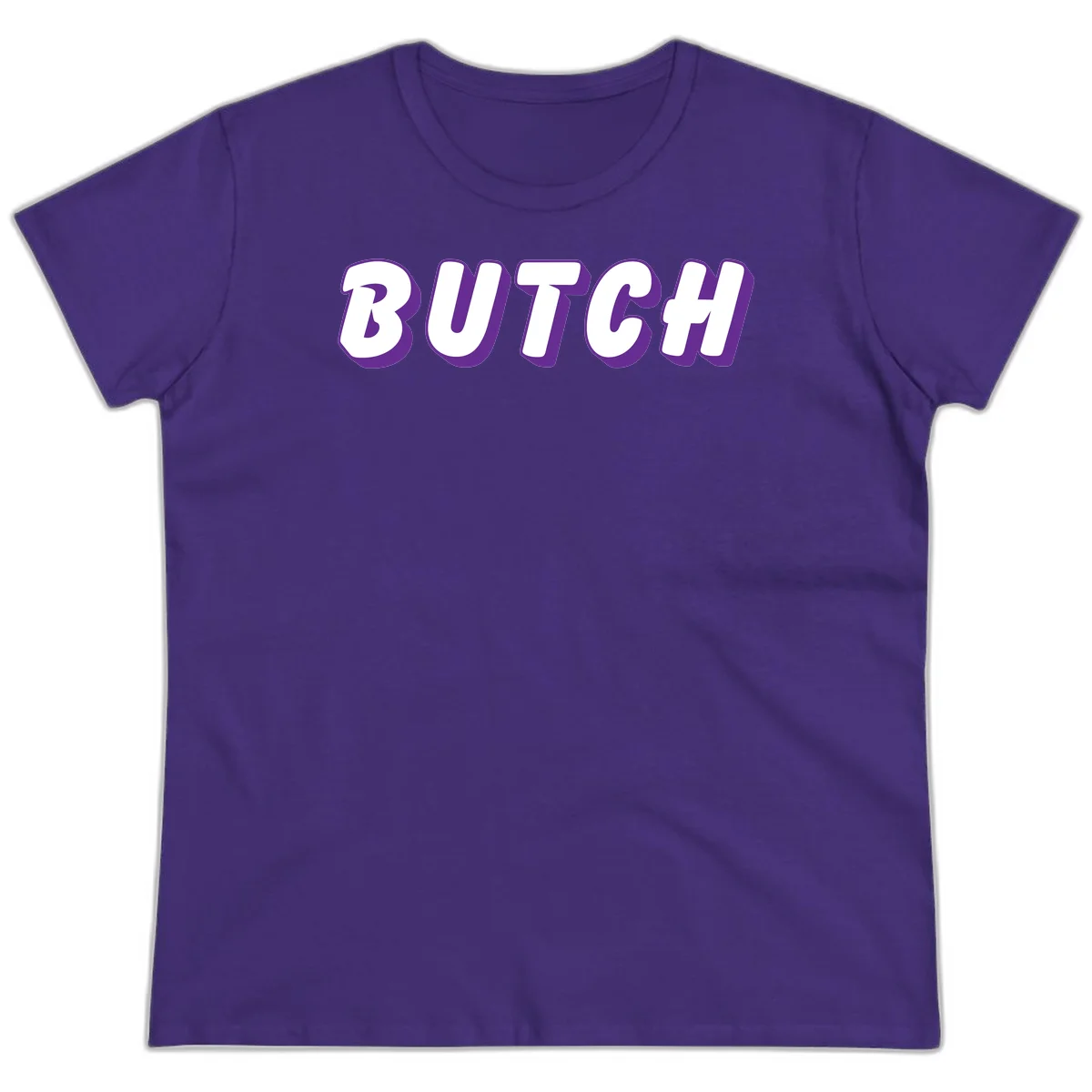 Bold purple and white 3D block letters spelling 'BUTCH' with shadow effect on gray background in Purple