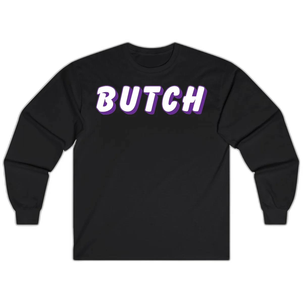 Bold purple and white 3D block letters spelling 'BUTCH' with shadow effect on gray background in Black