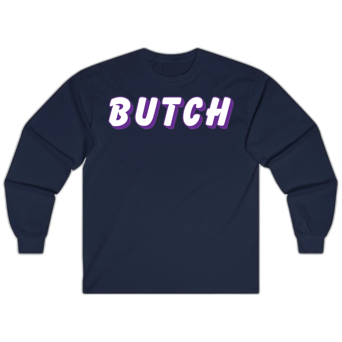 Bold purple and white 3D block letters spelling 'BUTCH' with shadow effect on gray background in Navy
