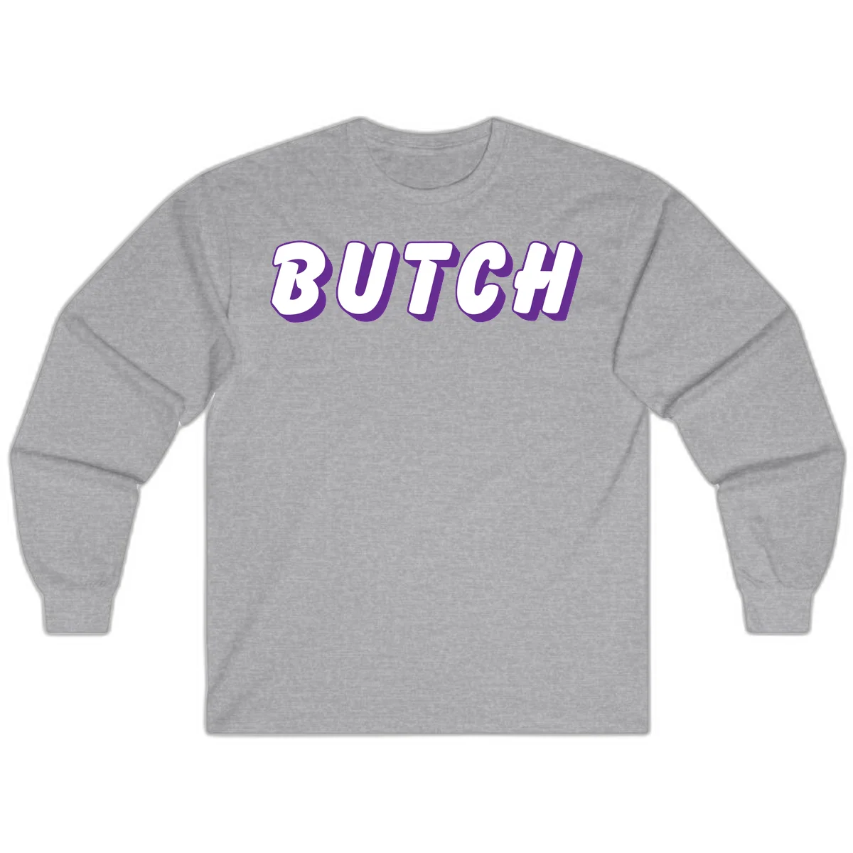Bold purple and white 3D block letters spelling 'BUTCH' with shadow effect on gray background in Sport Grey