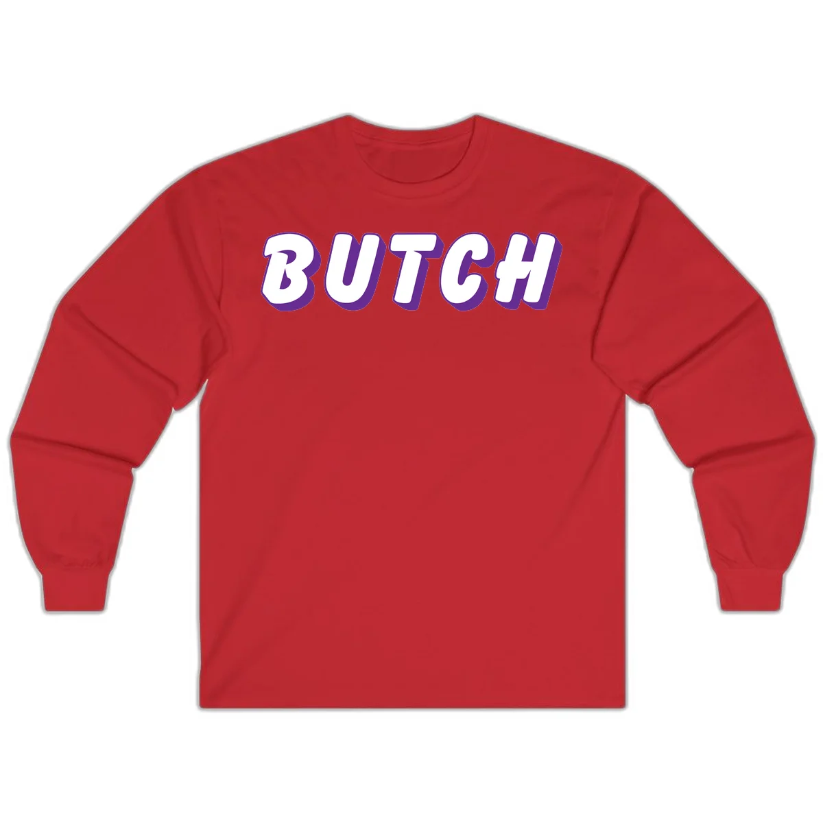 Bold purple and white 3D block letters spelling 'BUTCH' with shadow effect on gray background in Red