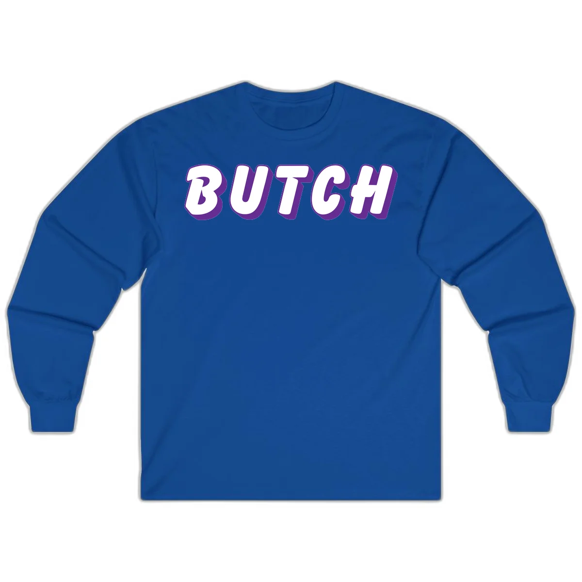 Bold purple and white 3D block letters spelling 'BUTCH' with shadow effect on gray background in Royal