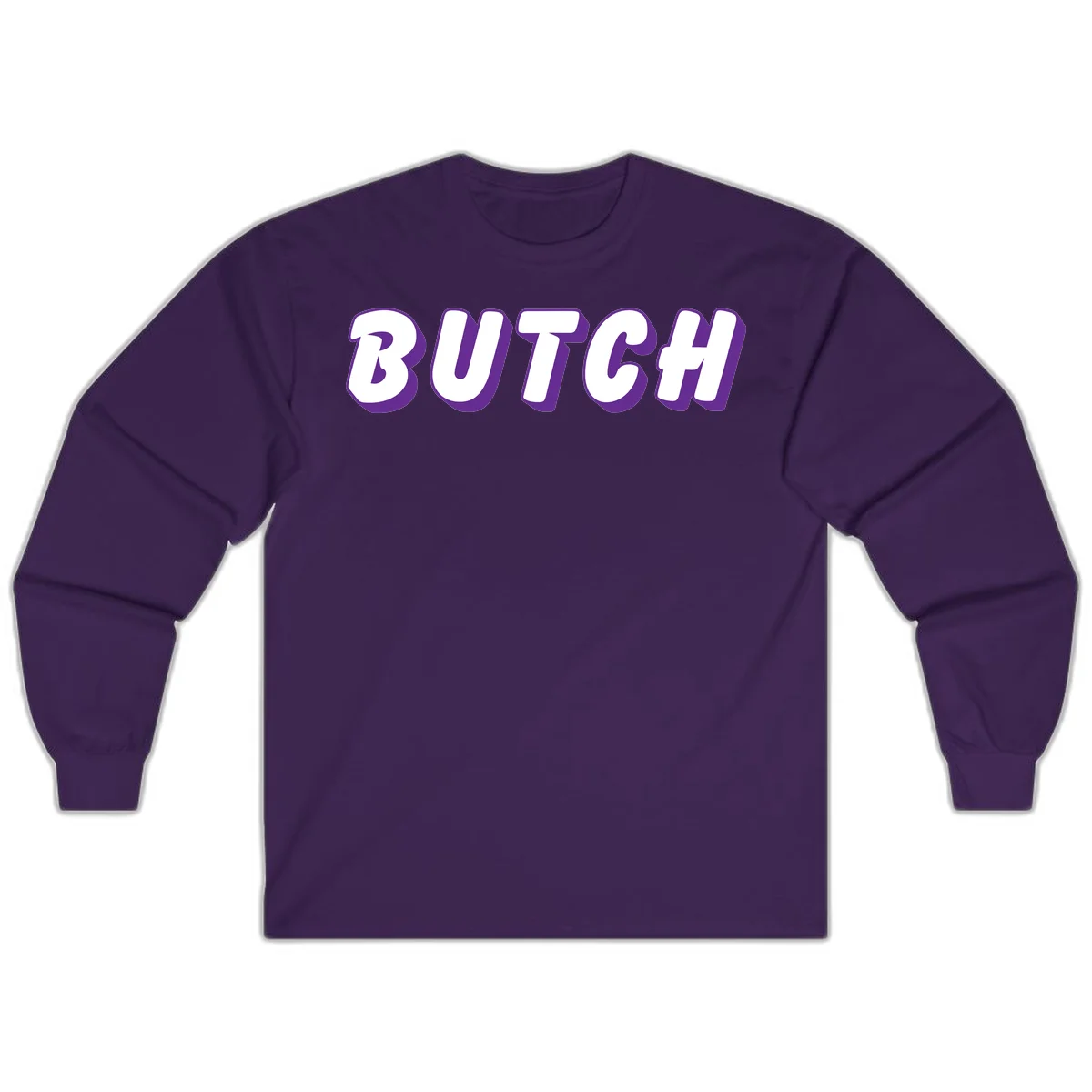 Bold purple and white 3D block letters spelling 'BUTCH' with shadow effect on gray background in Purple