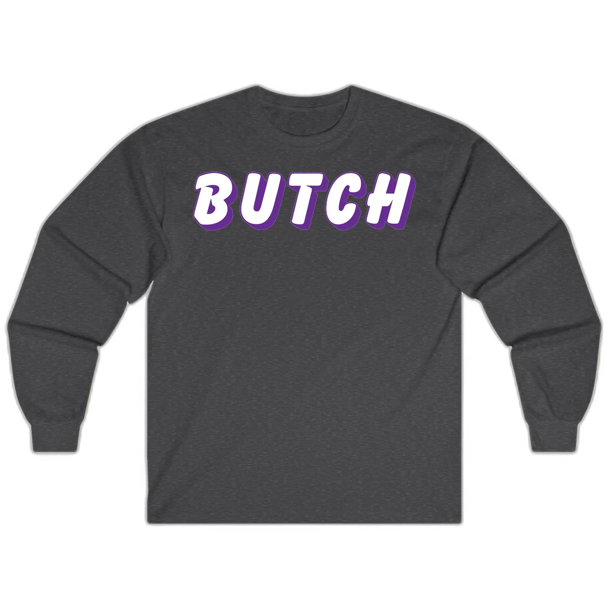 Bold purple and white 3D block letters spelling 'BUTCH' with shadow effect on gray background in Dark Heather