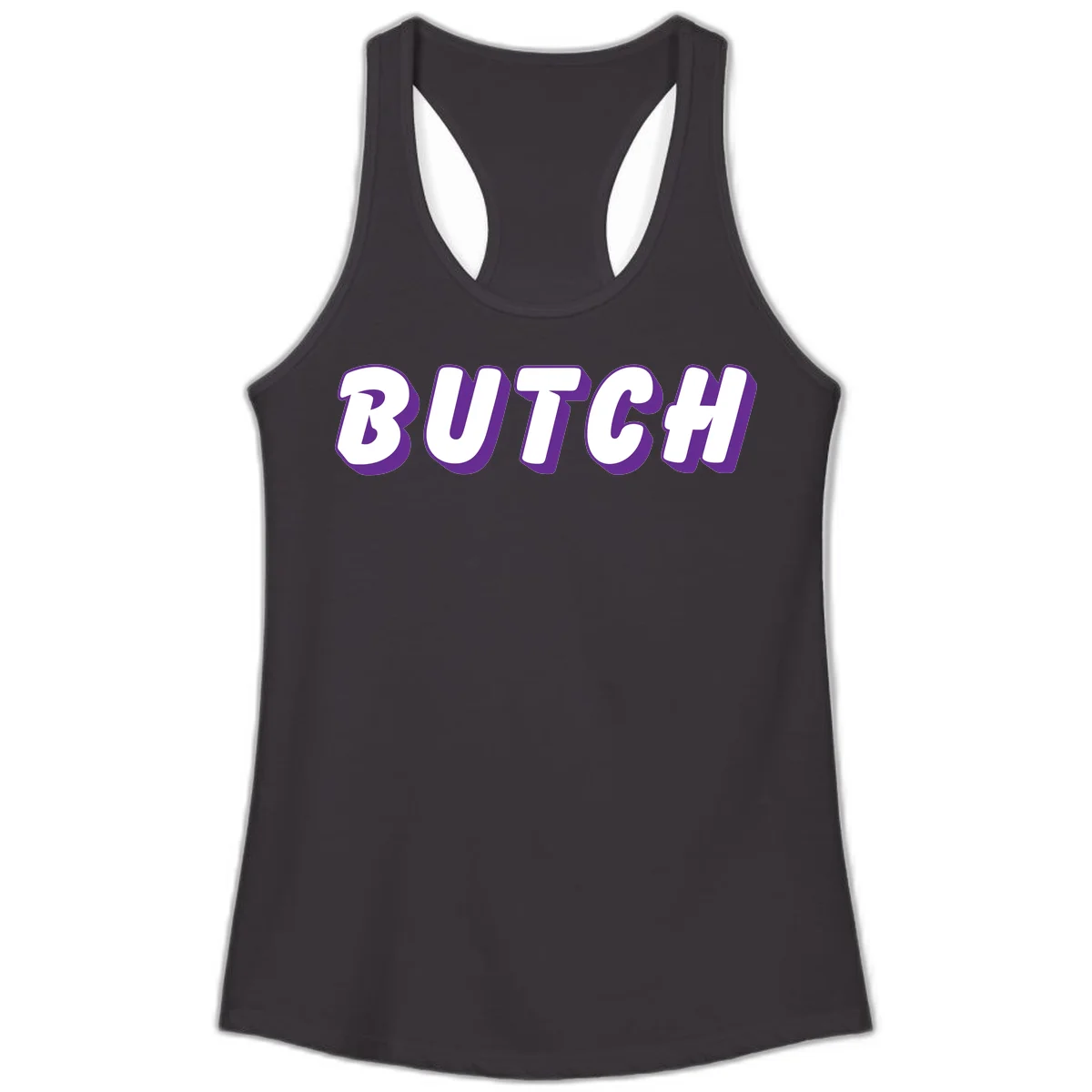 Bold purple and white 3D block letters spelling 'BUTCH' with shadow effect on gray background in Black