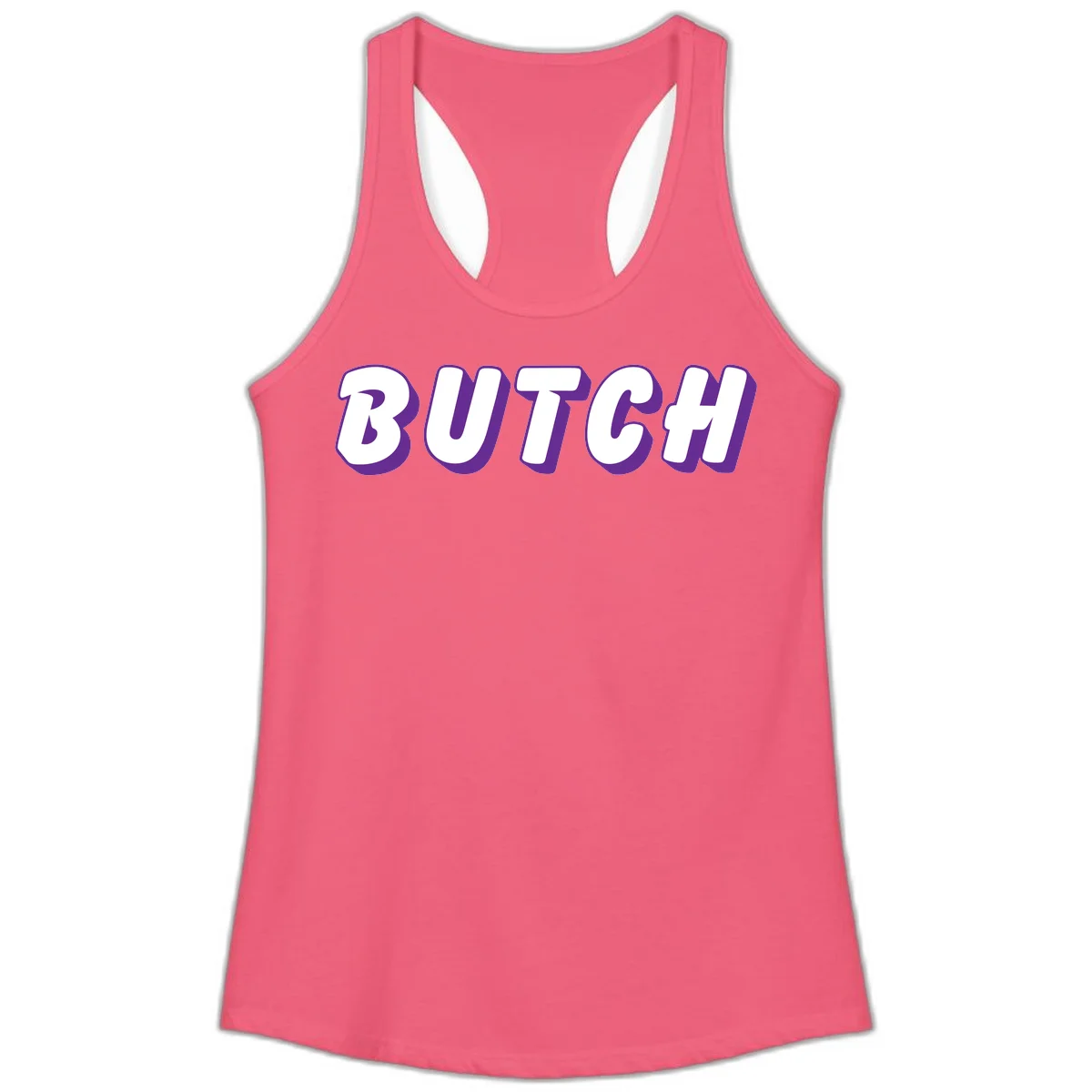 Bold purple and white 3D block letters spelling 'BUTCH' with shadow effect on gray background in Hot Pink
