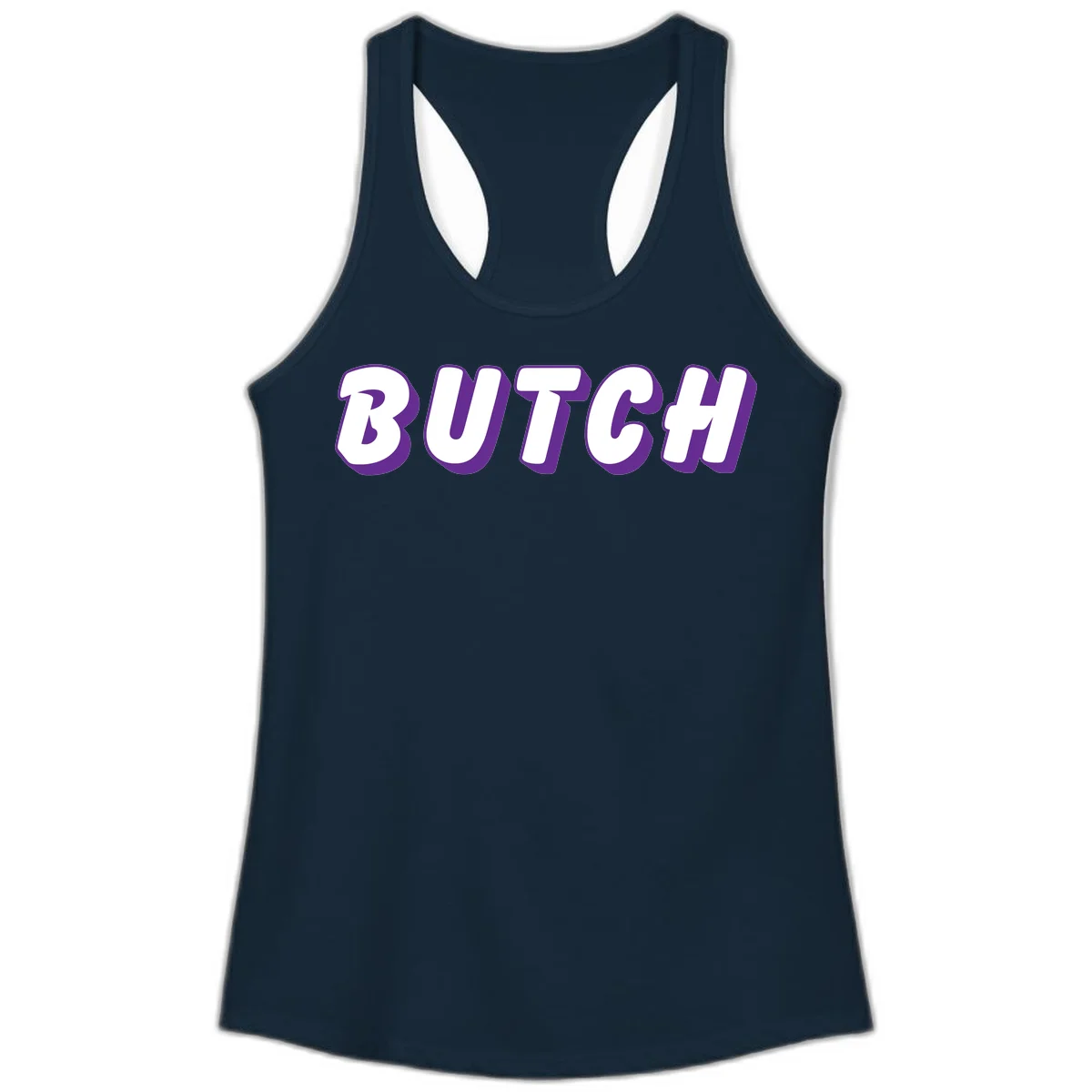 Bold purple and white 3D block letters spelling 'BUTCH' with shadow effect on gray background in Solid Midnight Navy