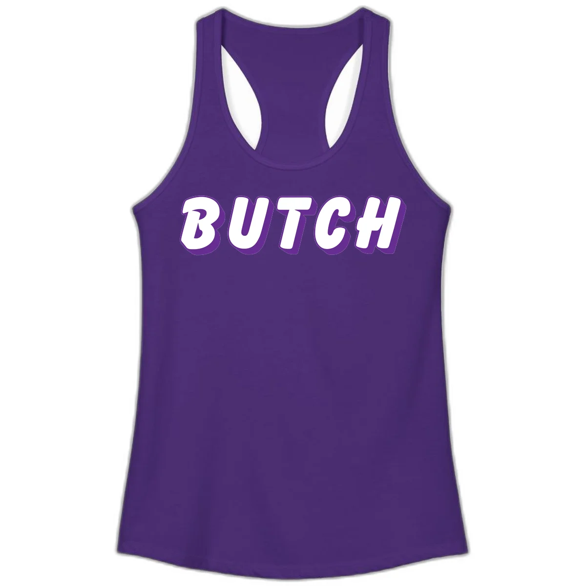 Bold purple and white 3D block letters spelling 'BUTCH' with shadow effect on gray background in Solid Purple Rush