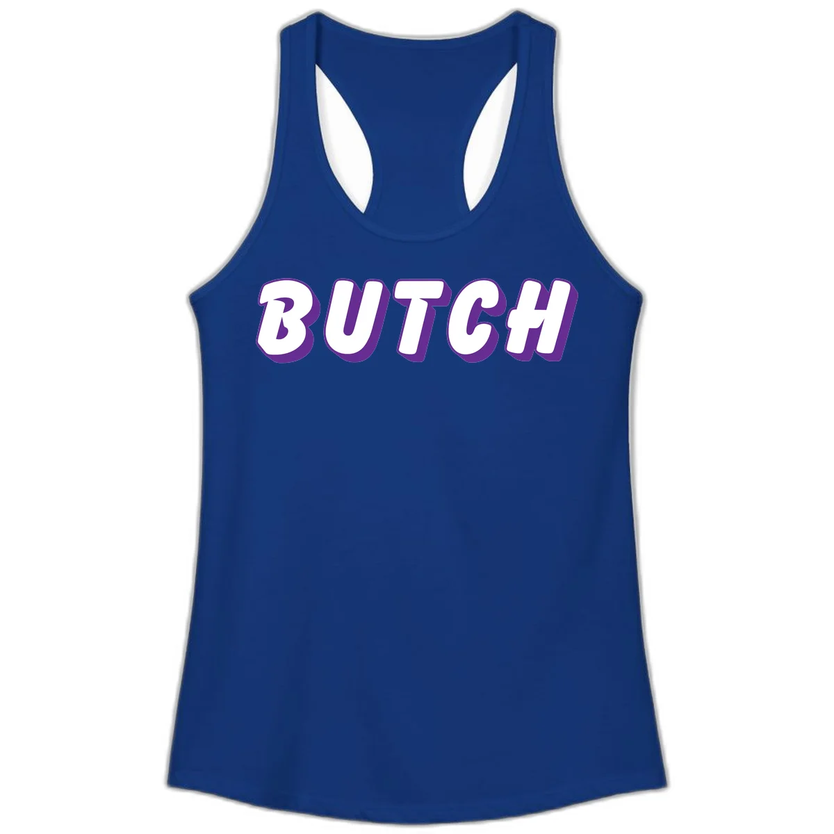 Bold purple and white 3D block letters spelling 'BUTCH' with shadow effect on gray background in Solid Royal