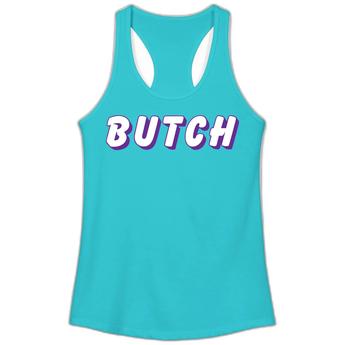 Bold purple and white 3D block letters spelling 'BUTCH' with shadow effect on gray background in Solid Tahiti Blue