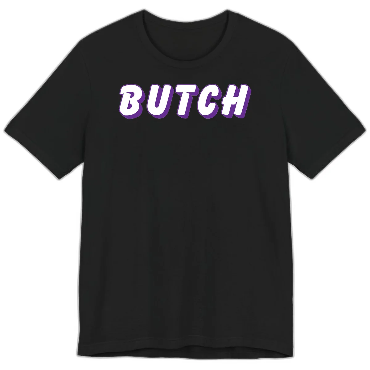Bold purple and white 3D block letters spelling 'BUTCH' with shadow effect on gray background in Black