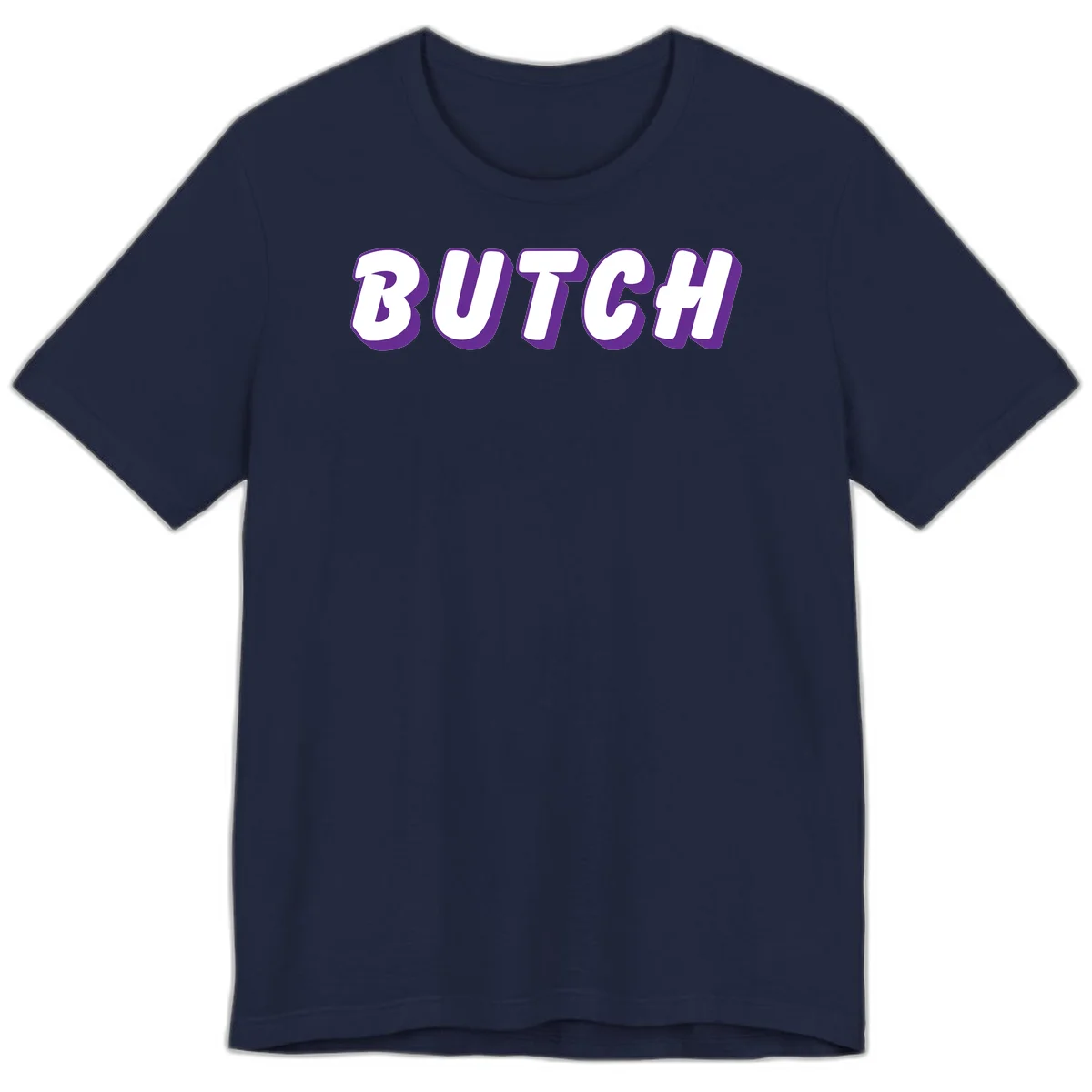 Bold purple and white 3D block letters spelling 'BUTCH' with shadow effect on gray background in Navy