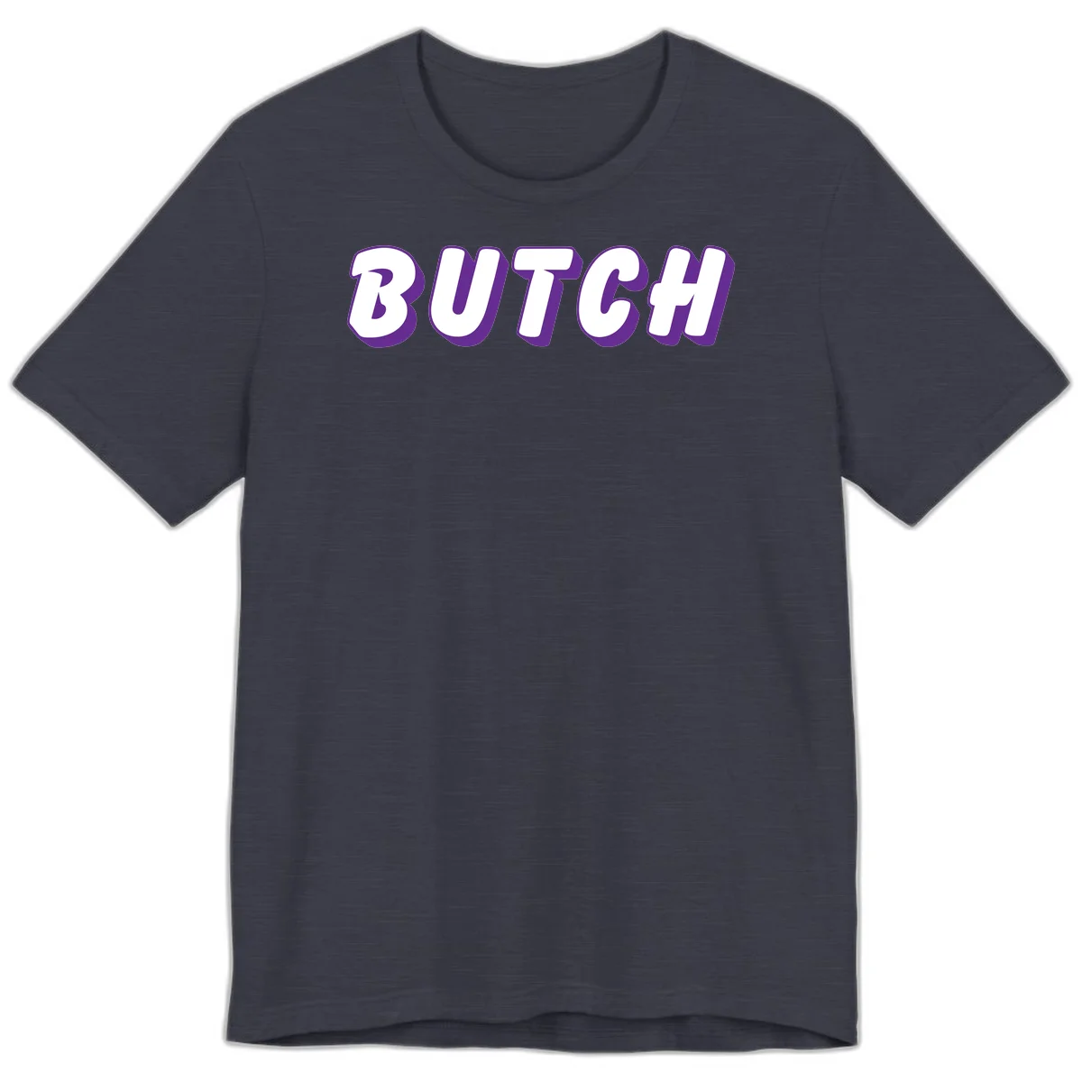 Bold purple and white 3D block letters spelling 'BUTCH' with shadow effect on gray background in Heather Midnight Navy